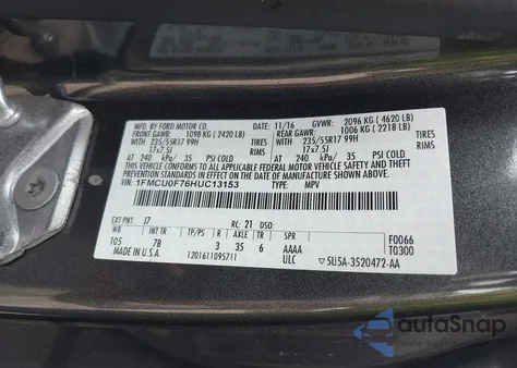 2017 Ford Escape S из США, поврежденный, VIN 1FMCU0F76HUC13153